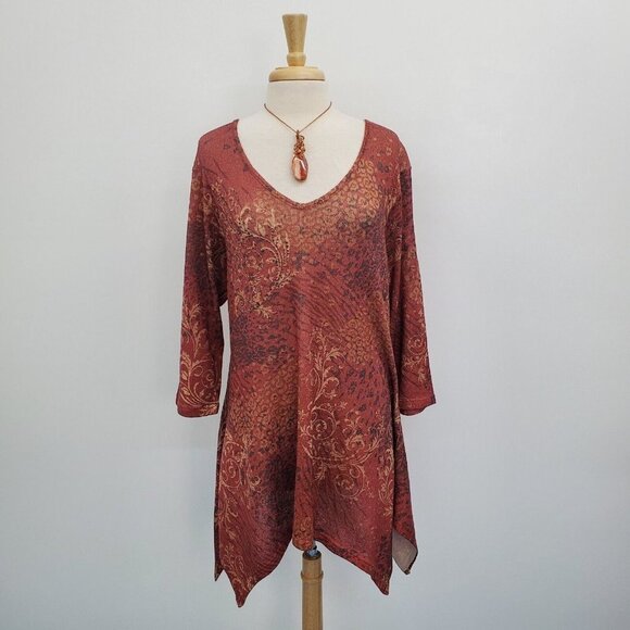Indigo Soul Womens Paisley Tunic Top Size L Gold Rust V-Neck Asymmetric Hem - Picture 1 of 16